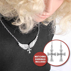 Angel Wings Cross Necklace With Earrings