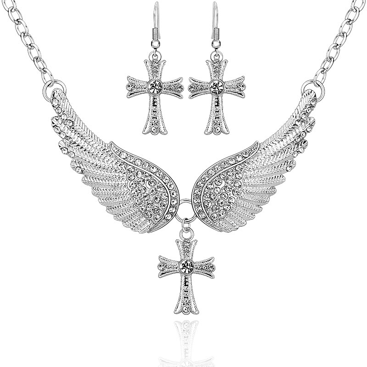 Necklace - Angel Wings Cross Chocker Necklace With Earrings