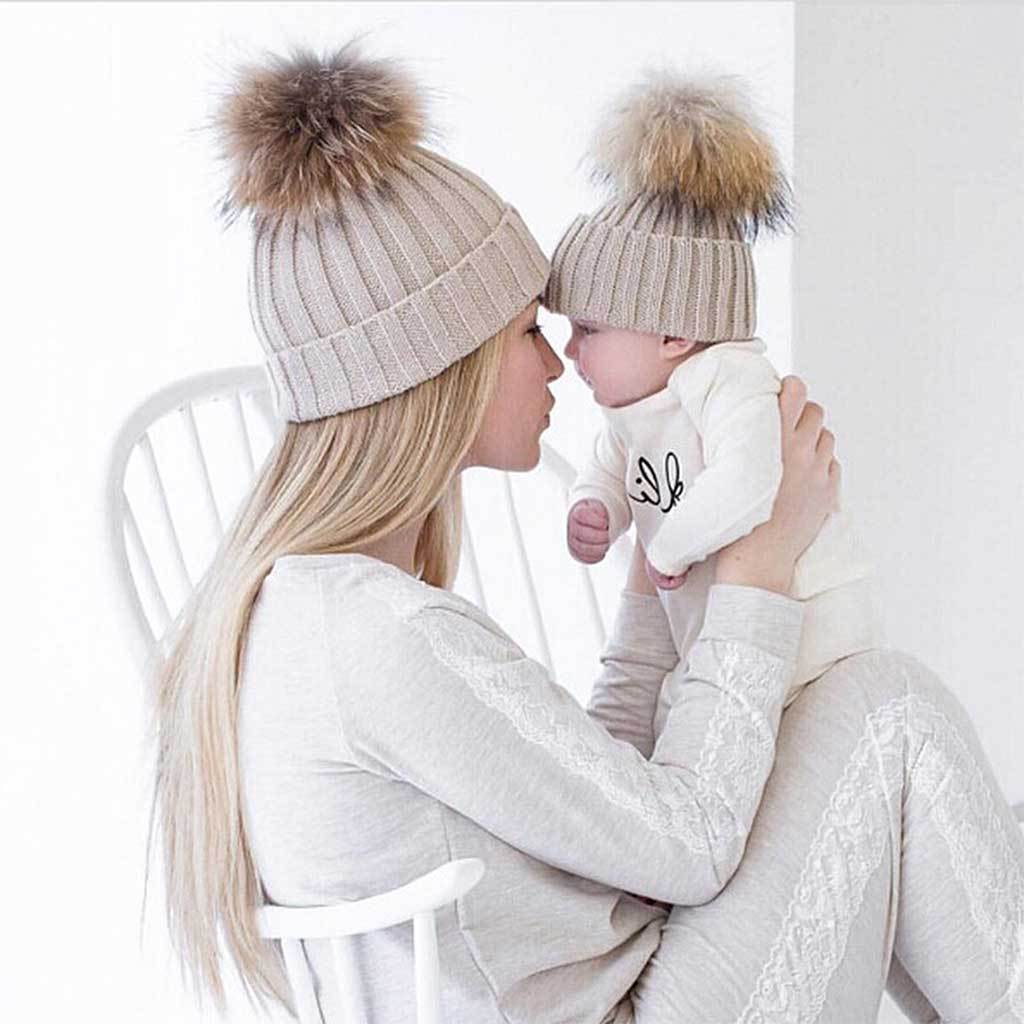 Mom and Baby Matching Knitted Pom Pom Beanies